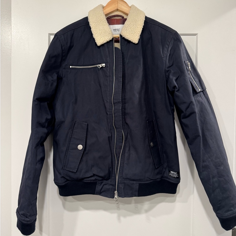 Wesc Navy Blue Bomber Jacket with Cream Shearling Collar